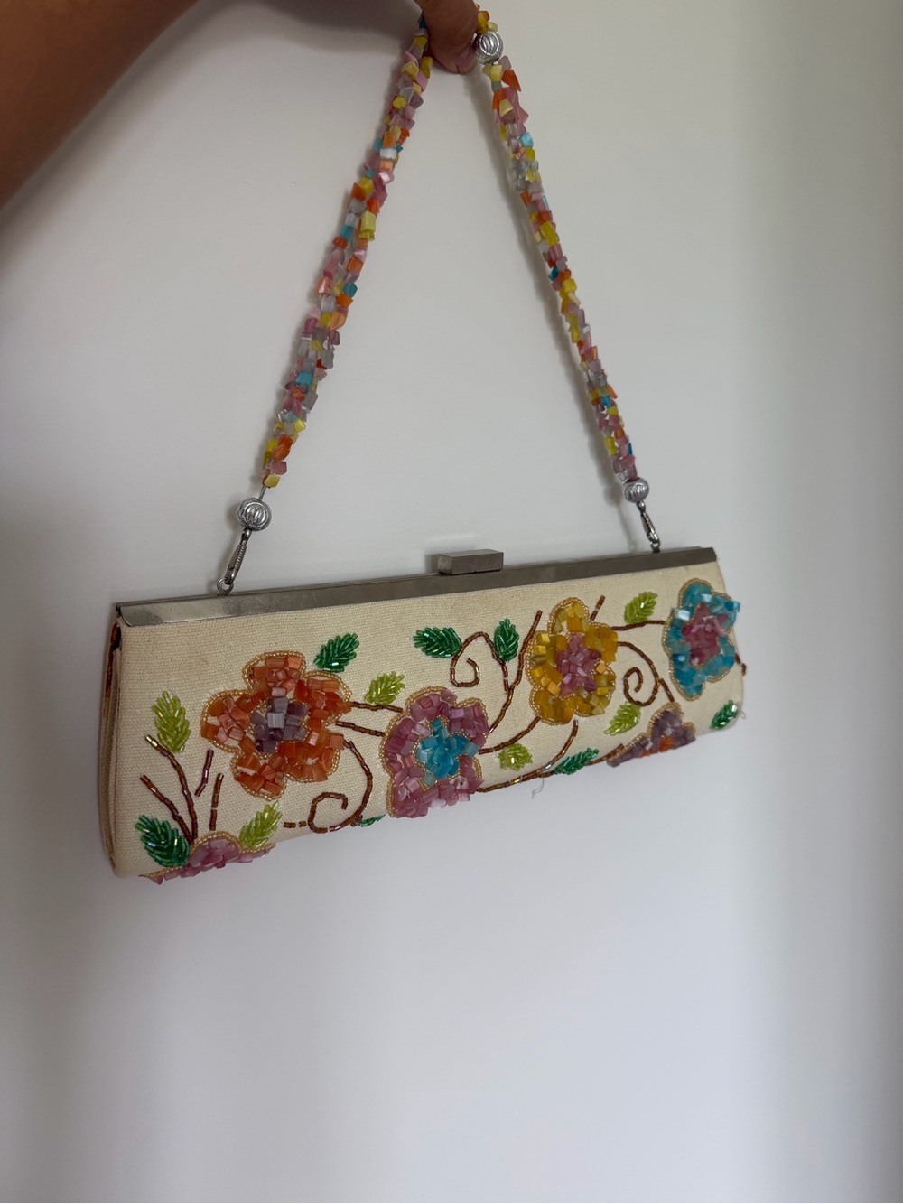 Beaded Floral Embroidered Clutch Handbag in Cream